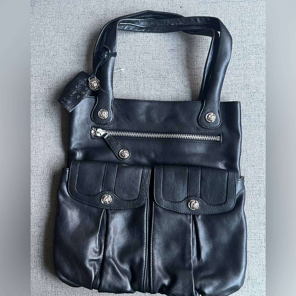 Rough Roses Black leather tote bag